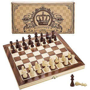 `FXZbg AMEROUS 12" x 12" Magnetic Wooden Chess Set for Kids and 6 up Age, 2 Bonus Extra Queens, Folding Board with Storage Slots, Handmade Chess Pieces, Portable Travel Chess Board Game Sets ysAiz