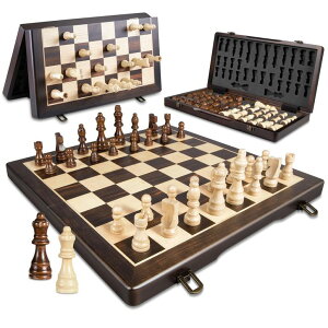 `FXZbg ELONGDI Magnetic Wooden Chess Set,15" Folding Chess Board with Wood Texture 2 Extra Queens - Handmade Pieces Travel Board Games for Kids and Adults ysAiz