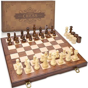 �`�F�X�Z�b�g AMEROUS Wooden Chess & Checkers Set with Upgraded Weighted Chess Pieces, 15 Inches (2 in 1) Chess Board Games for Kids, Adults w/ 2 Extra Queens / 24 Cherkers Pieces/Gift Package �y���s�A���i�z