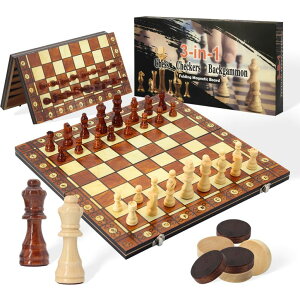 `FXZbg immersing 15.4" 3-in-1 Magnetic Chess, Checkers, and Backgammon Set - Extra Queens - Wooden portable and foldable Board game, Travel Game Set for Adults, Kids and Elder - Gift for parents and children ysAiz