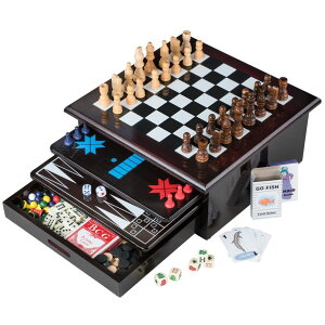 `FXZbg Board Game Set - Deluxe 15 in 1 Tabletop Wood-accented Game Center with Storage Drawer (Checkers, Chess, Chinese Checkers, Parcheesi, TicTacToe, SOlitaire, Snakes and Ladders, Mancala, Backgammon, Poker Dice, Playing C ysAi