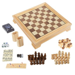 �`�F�X�Z�b�g Board Game Set - Deluxe 7-in-1 Classic Board Games for All Ages - Wood Game Center with Storage - Chess, Backgammon, Dominos, Checkers, Dice Set, Cribbage Board, and Playing Cards by Trademark Games �y���s�A���i�z