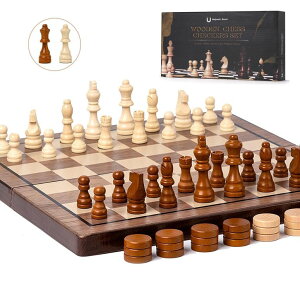 `FXZbg Chess Set 15'' Chess Board Wooden Magnetic Folding Chess Board Set for Adults & Kids Checkers Game for Kids Portable Travel Chess Game for Beginner 2 Extra Queens (Walnut Color) ysAiz