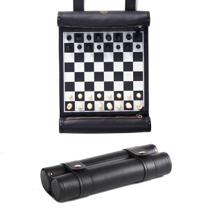 `FXZbg ThreeMoves Roll Up Chess Set - 11" Foldable Leather Chess Mat with Wooden Chess Pieces - Portable Travel Chess Set with Straps - Perfect Chess Game for Airplane, Camping, and More (Black/White) ysAiz