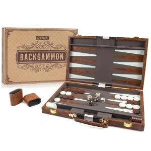 `FXZbg AMEROUS Backgammon Set, 15 Inches Classic Board Game with Leather Case, Folding Board, Gift Package, Portable Travel Strategy Backgammon Game Set for Adults, Kids (Medium, Brown) ysAiz