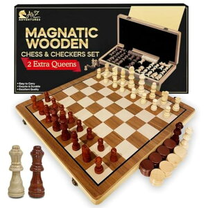 `FXZbg Magnetic Chess and Checkers Game Set - 15" (2 in 1) Folding Wooden Chess Sets for Adults & Kids with 2 Extra Queens | Travel Chess Board Game with Chess Pieces Storage Slots, Luxury Chess Set Gift ysAiz