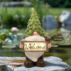 �K�[�f�����C�gLED�\�[���[���C�g �\�[���[�p���[ hvfun Solar Garden Gnome Welcome Sign Outdoor Statue - Resin Decor with Light-Up Sign, Solar-Powered Waterproof LED for Garden, Patio, Porch, Yard - Charming Gift for Home Decor �y���s