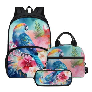 CR  o[h gxLA[ Parprinty Blue Floral Bird Parrot Backpack Set for Girls Kids Lightweight Cute School Backpack with Lunch Box Pencil Case Adjustable Strap Padded Book Bag Insulated Lunch Bag ysAiz