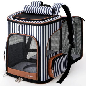�C���R ���� �o�[�h �g���x���L�����A�[ Lekereise Large Cat Backpack Expandable Pet Backpack Carrier for Small Medium Dogs Cats, Dog Carrier Backpack with Breathable Mesh and Inner Safety Leash, Striped �y���s�A���i�z