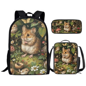�C���R ���� �o�[�h �g���x���L�����A�[ Parprinty Cute Daisy Mushroom Bird Hamster Backpack for Girls Boys 17 Inch Bookbag with Insulated Lunch Bag Pencil Case Kids Animal Print Backpack with Lunch Box Padded Back School Bag Green �y���s