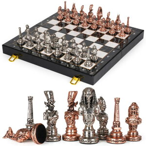 `FXZbg Large Egyptian Metal Chess Set for Adults with Travel Foldable Marbling 15-Inch Chess Board - Weighted Metal Chess Pieces- Luxurious Chess Sets for Collectors Family Vintage Board Game ysAiz