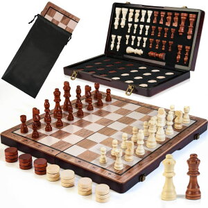`FXZbg 2 in 1 Magnetic Wooden Chess Set & Checkers Board Game, 15ff Folding Chess Board with Pieces Storage Slots, 2 Extra Queens, Portable Travel Chess Set for Kids Adults Beginner Age 3+ ysAiz