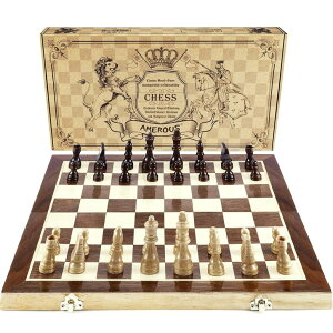 `FXZbg AMEROUS Chess Set, 15"x15" Folding Magnetic Wooden Standard Chess Game Board Set with Wooden Crafted Pieces and Chessmen Storage Slots ysAiz