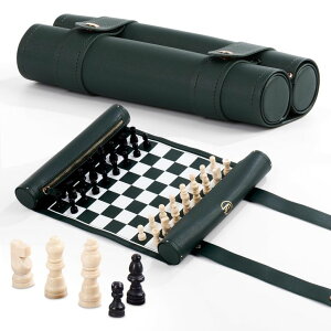 `FXZbg Roll Up Chess Set - 11" Foldable Leather Chess Mat with Wooden Chess Pieces - Portable Travel Chess Set with Straps - Perfect Chess Game for Airplane, Camping, and More (Green/White) ysAiz