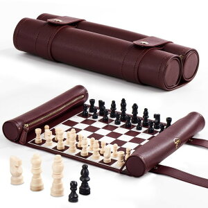 `FXZbg ThreeMoves Roll Up Chess Set - 11" Foldable Leather Chess Mat with Wooden Chess Pieces - Portable Travel Chess Set with Straps - Perfect Chess Game for Airplane, Camping, and More (Wine/White) ysAiz