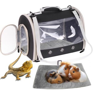 �C���R ���� �o�[�h �g���x���L�����A�[ Bearded Dragon Travel Carrier Backpack,Lizard Backpack Carrier,Space Capsule Clear Bubble Window Astronaut Reptile Carrier Backpack for Guinea Pig,Sugar Glider,Bunny (Black, TPU Carrier+MAT) �y���s