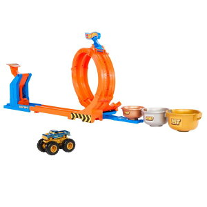 zbgEB[ X^[gbN Hot Wheels Monster Trucks Toy Truck & Track Set, Loop-and-Flip Trophy Challenge Playset & 1:64 Scale 50th Anniversary Die-Cast Bigfoot, 2 Ways to Play ysAiz