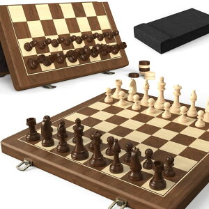 `FXZbg Premium Natural Walnut 15" Magnetic Wooden Folding Chess & Checkers Set- 2 in 1 Board Game with 3" King Staunton Pieces and 2 Extra Queens, Checkers, and Dust-Proof Storage Bag (Black) ysAiz