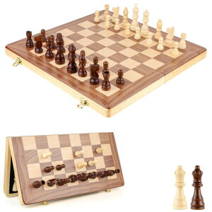 `FXZbg RERIVER 15 Inch Magnetic Wooden Chess Game Set Classic Folding Board Games with Felted Game Board Interior for Storage 2 Extra Queens Pieces Storage Slots ysAiz