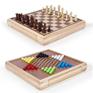 `FXZbg VAMSLOVE 13" Chess Chinese Checkers 2 in 1 Wooden Board Game Set with Pieces Storage Drawer - 2 Extra Queens, Bonus Marbles, for Birthday Gift (Instructions Included) ysAiz