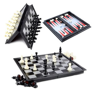 `FXZbg Hoshin Chess/Checkers/Backgammon 3 in 1 Set, Portable Folding Travel Magnetic Chess Board for Kids, 9.8 x 9.8 x 0.8 Inch ysAiz