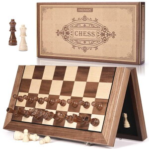 `FXZbg AMEROUS 15 Inches Magnetic Wooden Chess Set with 2 Extra Queens/Folding Board/Chess Pieces Storage Slots/Instructions, Portable Travel Chess Game for Beginner/Classic Board Game ysAiz