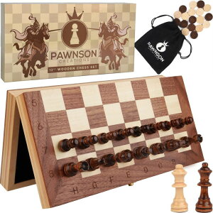`FXZbg Magnetic Wooden Chess Checkers Set for Kids and Adults - 12 in Staunton Chess Set - Travel Portable Folding Chess Board Game Sets - Storage for Wood Pieces - 2 Extra Queens ysAiz