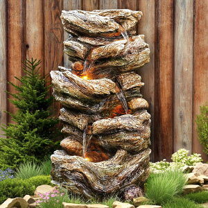K[f  CeA u^  ̃IuWF EH[^[tH[t@Ee Jocoevol 32" High 5-Tier Outdoor Water Fountain with LED Lights, Natural Wooden Look, Resin Imitation Wood Waterfall for Garden, Pat