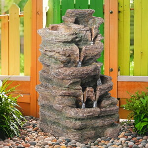 K[f  CeA u^  ̃IuWF EH[^[tH[t@Ee Biling 5-Tier Cascading Rock Outdoor Water Fountain with LED Lights and Artificial Fern, Outdoor Fountains and Waterfalls with Natur