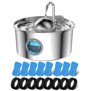 ��� ���� ��̃I�u�W�F �e�[�u���g�b�v�t�@�E���e�� �C���e���A���� AONBOY Cat Water Fountain with 16 Filters, 108oz/3.2L Cat Fountain Stainless Steel, Includes 8 Carbon Filters and 8 Sponge Filters, Faucet Shape Dog Water Founta