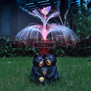 K[fCgLED\[[Cg \[[p[ RCTTICUU Solar Bear Garden Statues,Resin Black Bear Family Figurine with Welcome Card and 7-Color Changing Optical Fiber with Solar Lights, Lawn Decor Outdoor Statue for Patio,Balcony, y