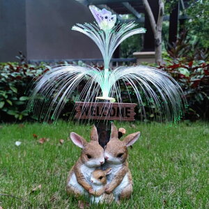 K[fCgLED\[[Cg \[[p[ RCTTICUU Solar Rabbit Garden Statues,Resin Rabbit Family Figurine with Welcome Card and 7-Color Changing Optical Fiber with Solar Lights, Lawn Decor Outdoor Statue for Patio,Balcony,Ya y
