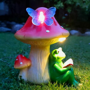 K[fCgLED\[[Cg \[[p[ RCTTICUU Solar Frog Mushroom Garden Statues,Resin Frog Mushroom Reading a Book Figurine with LED Solar Lights, Lawn Decor Outdoor Statue for Patio,Balcony,Yard,Lawn Ornament ysA
