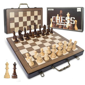 `FXZbg ELONGDI 18.5 Inch Wooden Chess Set with Handle,Chess Sets for Adults Kids Portable Folding Board Games with 4.5" King and 2 Extra Queens Handmade Large Pieces with Storage Slots ysAiz