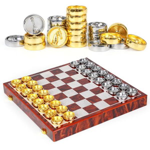 `FXZbg 2-in-1 Metal Chess and Checkers Set for Adults & Kids ?Travel Chess Sets Luxury Wooden Foldable Chessboard with Storage ? Portable Classic Family Strategy Board Game with Metal Chess Pieces ysAiz