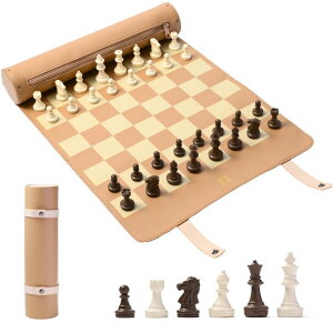 `FXZbg DN DECONATION Portable Travel Chess Chess Set, Roll Up Leather Chess Mat with Resin Pieces,Luxury Folding Pocket Chess Board Game for Adults, Small Compact Game for Camping,Home,Outdoors-Brown ysAiz