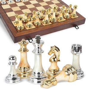 `FXZbg ELONGDI 16.5" Wooden Chess Set with Weighted Acrylic Chess Pieces,Folding Board with Handle 3.5" King Portable Classic Game for Adults and Kids ysAiz