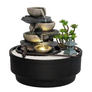   ̃IuWF e[ugbvt@Ee CeA Bumilgar Indoor Tabletop Water Fountain with LED Lights & Pagoda, 4-Tier Rock Cascading Design, Artificial Flowers, White Stones and Rake, Zen Decor for Office/L