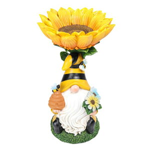 �K�[�f�����C�gLED�\�[���[���C�g �\�[���[�p���[ MUMTOP Garden Gnome Statue with Sunflower Birdbath Birdfeeder Outdoor Decor, Resin Summer Bee Gnome Holding Honey Jar with Solar LED Light Waterproof Garden Sculpture for Yard Lawn Dec �y
