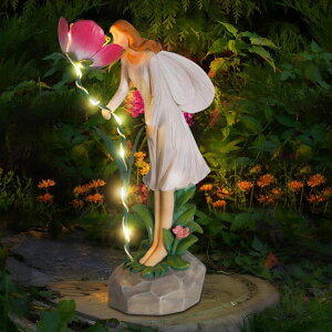 K[fCgLED\[[Cg \[[p[ Ovewios Fairy Garden Statue Outdoor Decor, Solar Powered Garden Sculptures Fairy Resin Statues Waterproof Pink Flower Solar LED Lights Yard Art Decorations for Outside Patio Lawn Garde y