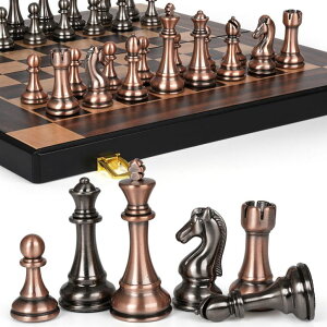 `FXZbg 15-Inch Large Metal Chess Set for Adults and Kids with Metal Chess Pieces ? Foldable Wooden Board with Storage, Portable Classic Game Set for Travel & Home, Elegant Gift for Chess Enthusiasts ysAiz