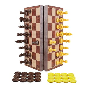 `FXZbg WEofferwhatYOUwant 2-in-1 Magnetic Travel Chess Set ? Chess & Checkers Medium Size ? Folding Wood Color Board ? 12.4h ysAiz