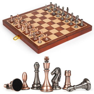 `FXZbg 12-Inch Metal Chess Set Pieces ? Wooden Chess Board Set Folding Travel Chess Sets,Metal Bronze & Silver Chessmen, Bonus 2 Extra Queens, Portable and Durable Classic Chess Game for Kids and Adults ysAiz