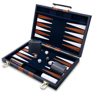 `FXZbg Backgammon Set - Classic Board Game with Premium Leather Case - Portable Travel Strategy Backgammon Game Set for Adults, Kids - Suitable as (15inch, Navy) ysAiz