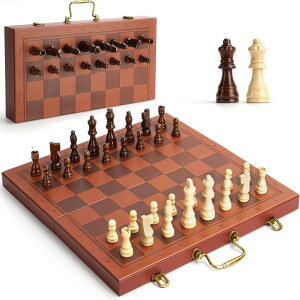 `FXZbg Magnetic Chess Set 15.5 Inch Chess Boards for Adults & Kids, Leather & Wooden Folding Board with Handmade Wood Pieces, Travel Chess Sets Game with Portable Handle for Beginners Professionals ysAiz