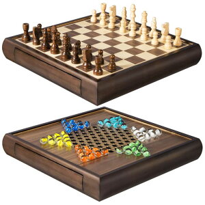 `FXZbg ELONGDI 2 in 1 Magnetic Chess Set & Chinese Checkers 13" Wooden Board Game with Storage Drawer and 60 Glass Marbles + Bonus 12 Spare & 2 Extra Queens,for Kids and Adults ysAiz