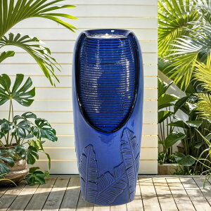 K[f  CeA u^  ̃IuWF EH[^[tH[t@Ee Autodaya 33" Tall Outdoor Garden Fountain with LED Lights, Modern Ceramic Jar Water Fountain, 3D Tropical Leaf Pattern, Cobalt Blue 