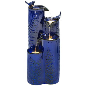 K[f  CeA u^  ̃IuWF EH[^[tH[t@Ee Autodaya 32" H Ceramic Outdoor Water Fountain with LED Lights, 4-Tier Vase Outdoor Fountain, Cobalt Blue Glaze, Embossed Fern Patter