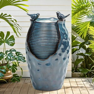 K[f  CeA u^  ̃IuWF EH[^[tH[t@Ee Autodaya 24.8" H Ceramic Jar Outdoor Water Fountain with LED Lights & Bird Accents, Elegant Turquoise Glaze with Bubble-Like Texture