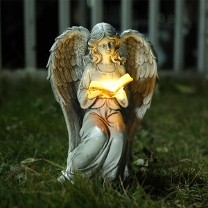 �K�[�f�����C�gLED�\�[���[���C�g �\�[���[�p���[ Ovewios Angel Statue Outdoor Decor, Elegant Angel Garden Statues Reading Book with Solar LED Lights Yard Decorations Lawn Ornaments Figurines Resin Sculpture for Outside, Angel Gardeni �y